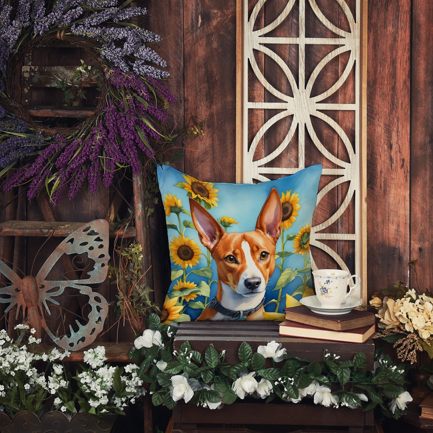 Basenji in Sunflowers Decorative Throw Pillow 18x18 Indoor Outdoor Accent Cushion, Fabric Cover with Insert for Sofa, Bed, Porch & Living Room
