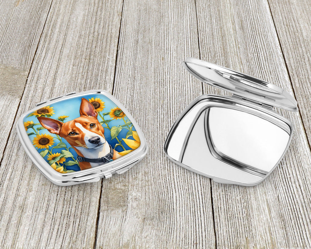 Basenji in Sunflowers Compact Mirror Decorative Travel Makeup Mirror for Women Girls Gifts Pocket Makeup Mirror Folding Handheld
