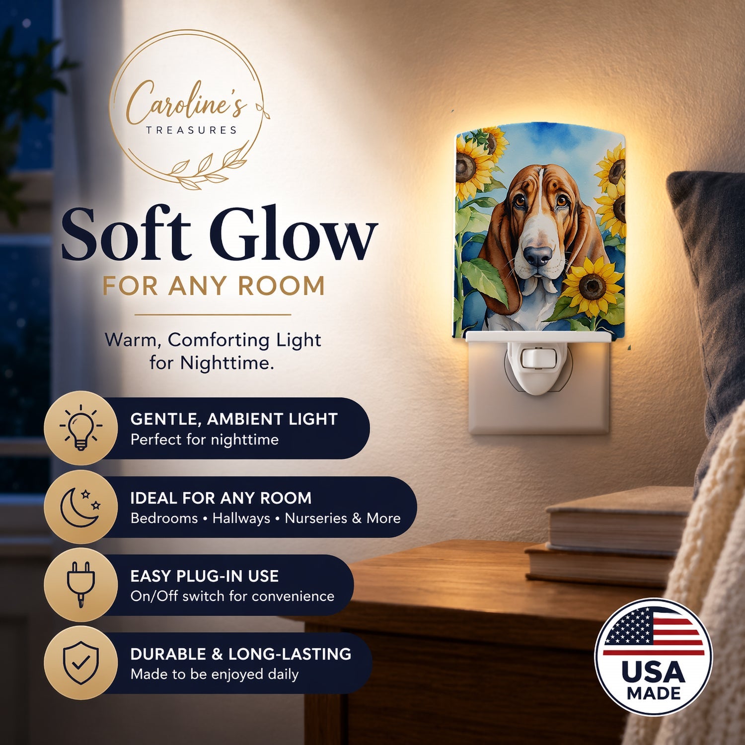 Basset Hound in Sunflowers Ceramic Night Light Compact, UL-Certified, Ideal for Bedroom, Bathroom, Nursery, Hallway, Kitchen, 6x4x3, Multicolor