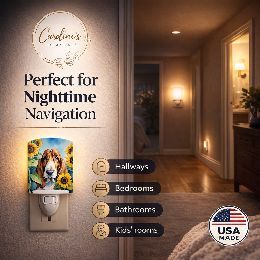 Basset Hound in Sunflowers Ceramic Night Light Compact, UL-Certified, Ideal for Bedroom, Bathroom, Nursery, Hallway, Kitchen, 6x4x3, Multicolor