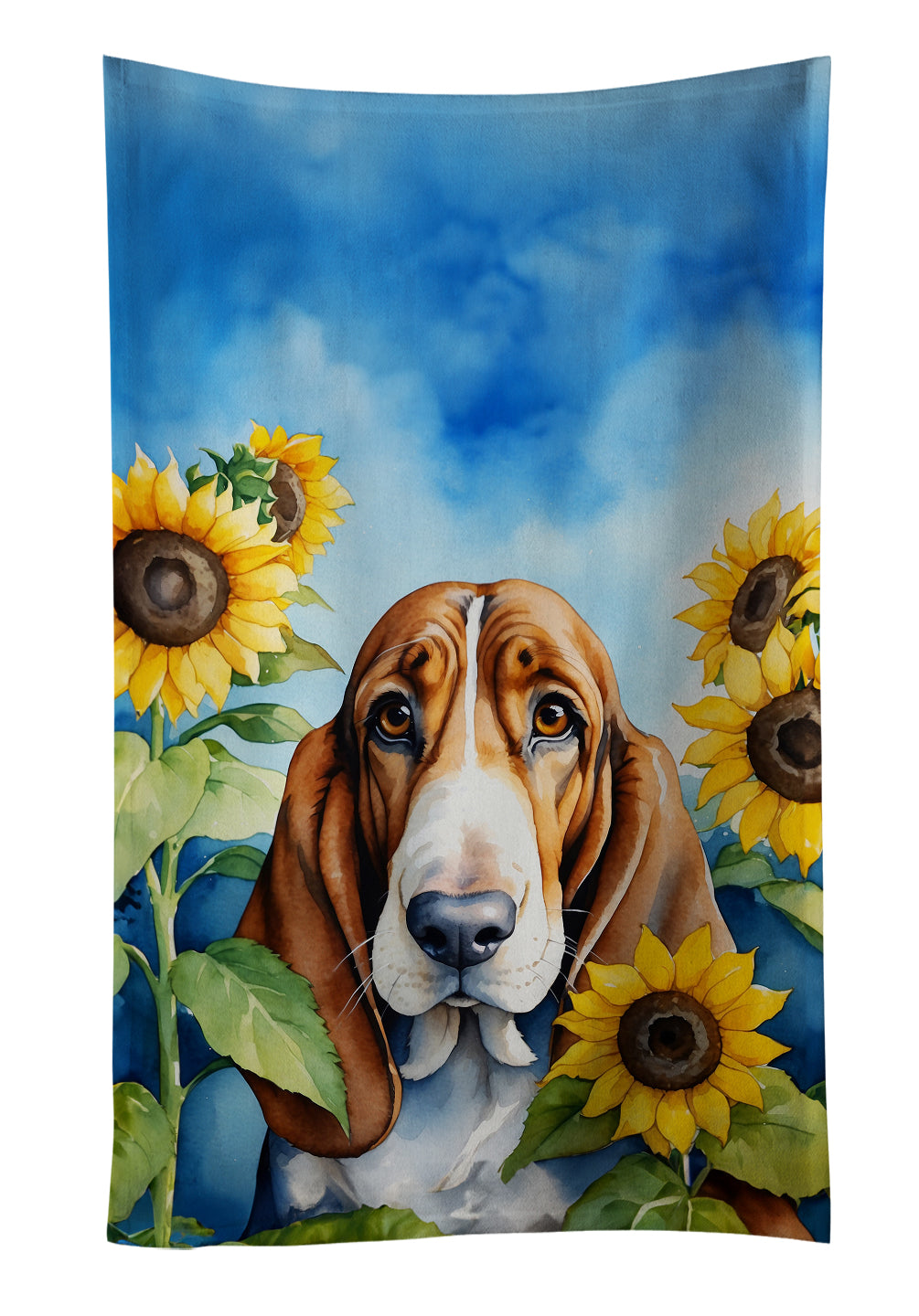 Basset Hound in Sunflowers Kitchen Towel Velour Plush Front and Cotton Loop Back Machine Washable