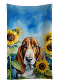 Basset Hound in Sunflowers Kitchen Towel Velour Plush Front and Cotton Loop Back Machine Washable