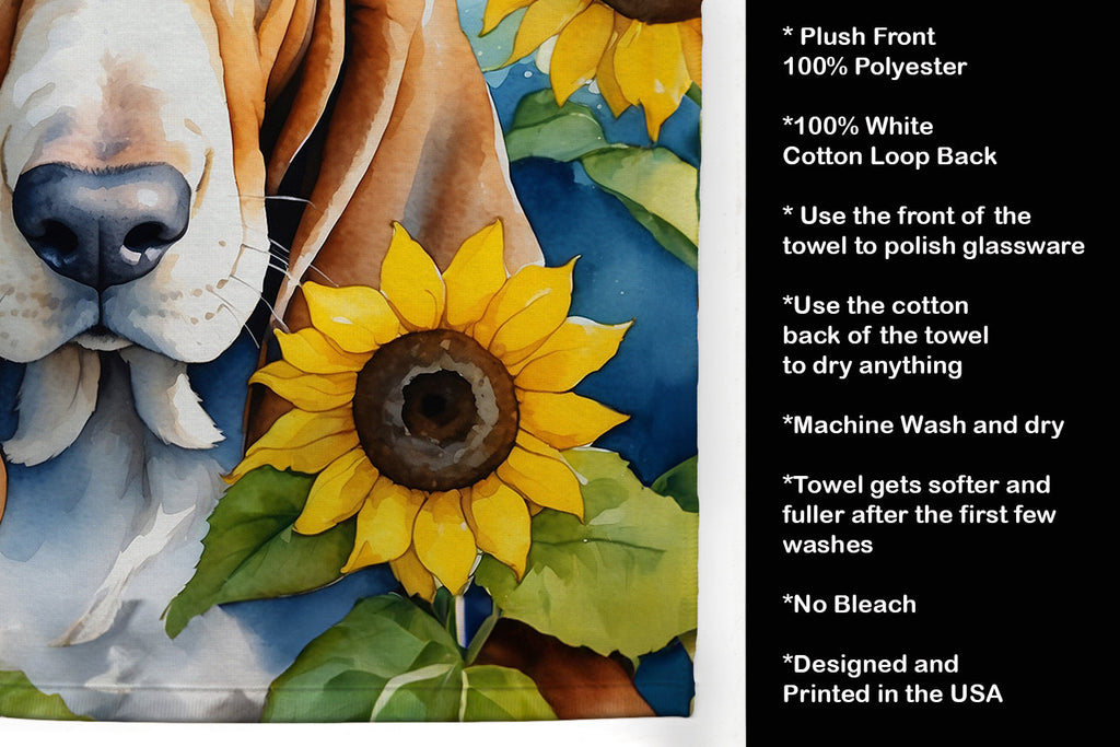 Basset Hound in Sunflowers Kitchen Towel Velour Plush Front and Cotton Loop Back Machine Washable