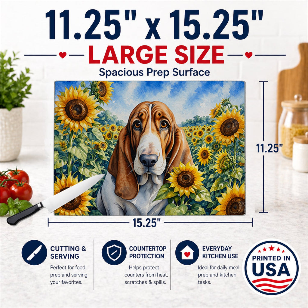 Basset Hound in Sunflowers Cutting Board Tempered Glass Kitchen Cutting Surface, Heat Resistant Chopping Board with Non-Slip Feet, Decorative Food Prep & Serving