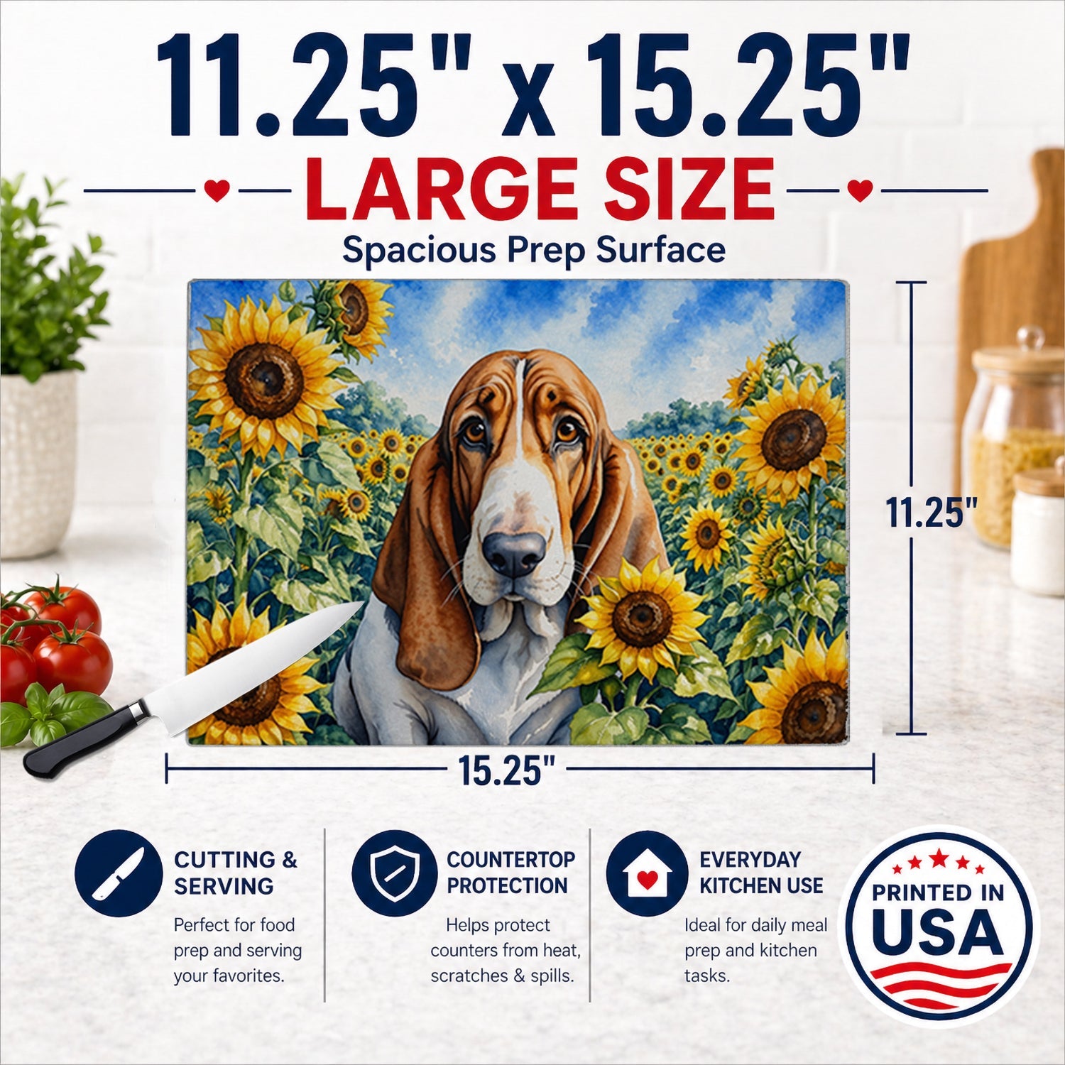 Basset Hound in Sunflowers Cutting Board Tempered Glass Kitchen Cutting Surface, Heat Resistant Chopping Board with Non-Slip Feet, Decorative Food Prep & Serving