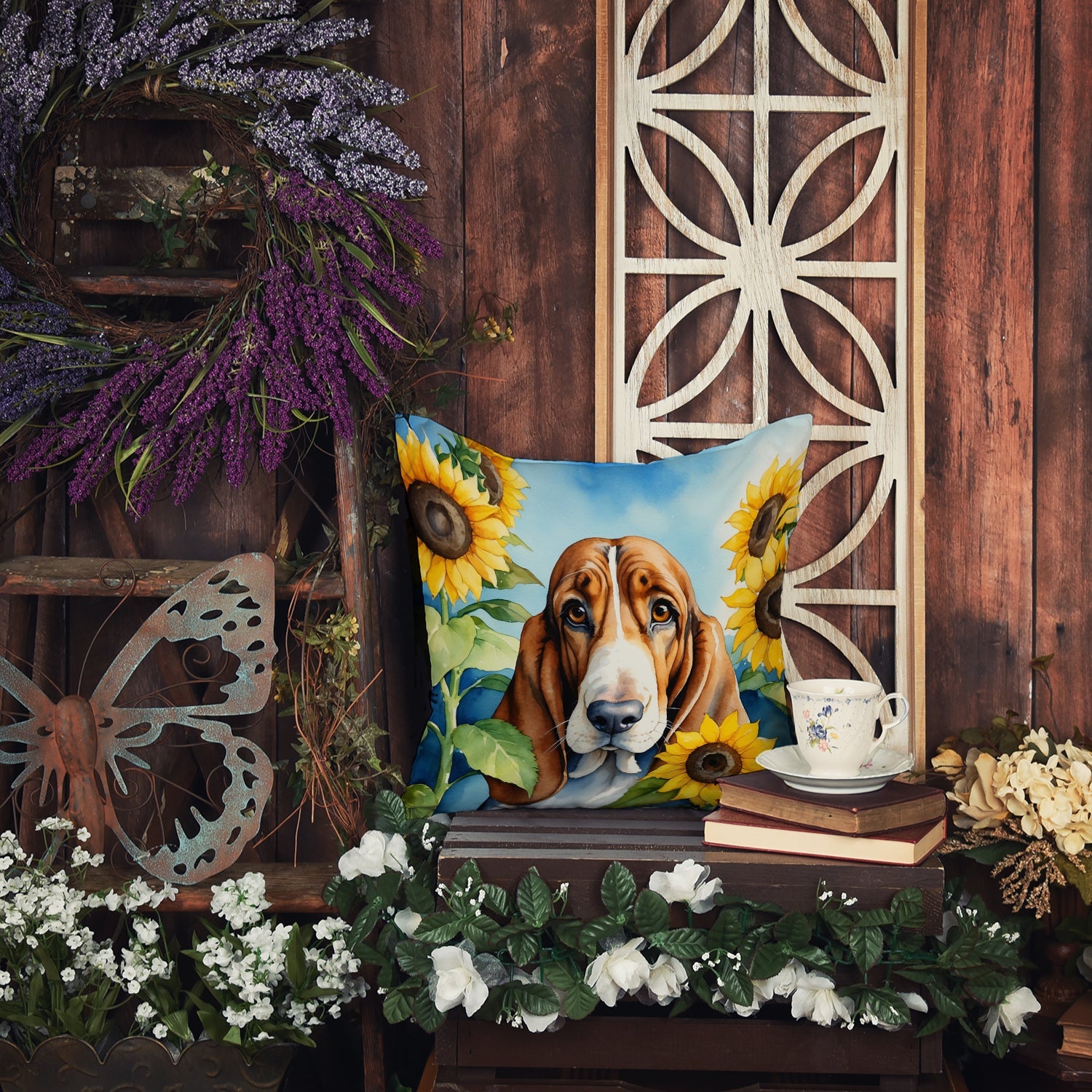 Basset Hound in Sunflowers Decorative Throw Pillow 14x14 Indoor Outdoor Accent Cushion, Fabric Cover with Insert for Sofa, Bed, Porch & Living Room