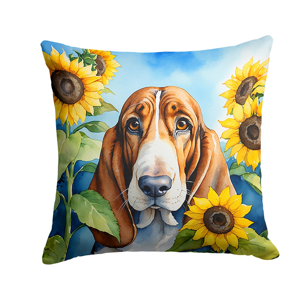 Basset Hound in Sunflowers Decorative Throw Pillow 18x18 Indoor Outdoor Accent Cushion, Fabric Cover with Insert for Sofa, Bed, Porch & Living Room