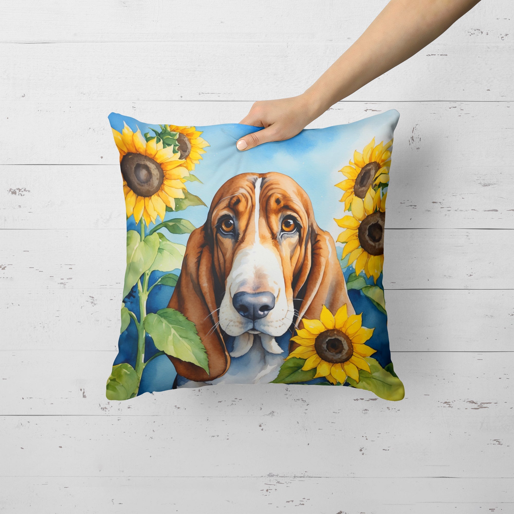 Basset Hound in Sunflowers Decorative Throw Pillow 18x18 Indoor Outdoor Accent Cushion, Fabric Cover with Insert for Sofa, Bed, Porch & Living Room