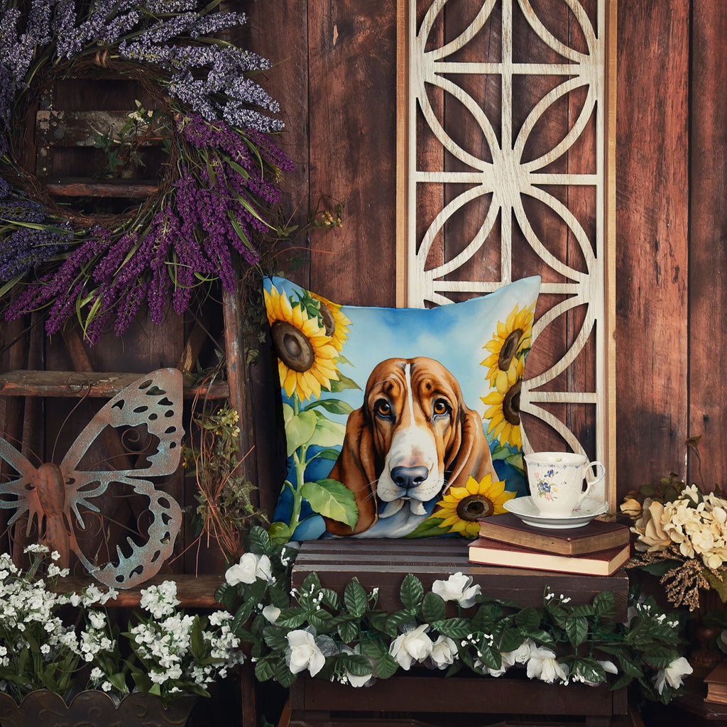 Basset Hound in Sunflowers Decorative Throw Pillow 18x18 Indoor Outdoor Accent Cushion, Fabric Cover with Insert for Sofa, Bed, Porch & Living Room