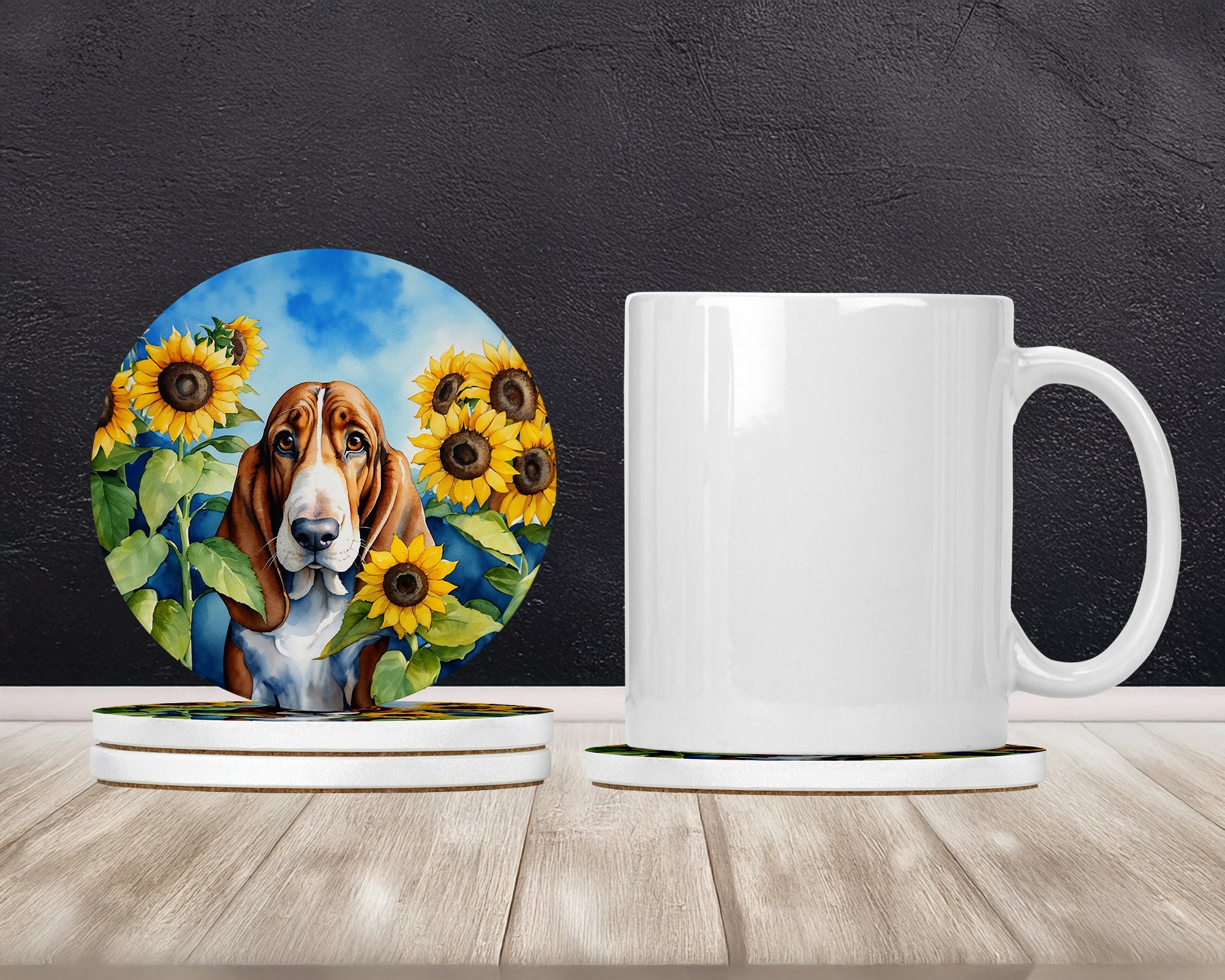Basset Hound in Sunflowers Large Sandstone Coasters Pack of 4 Absorbent Round Coasters Decor Gifts for Men or Women, 4 in, Multicolor
