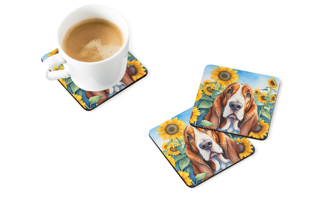 Basset Hound in Sunflowers Foam Coasters Set of 4 Cup Coasters for Indoor Outdoor, Tabletop Protection, Anti Slip, Mouse pad Material