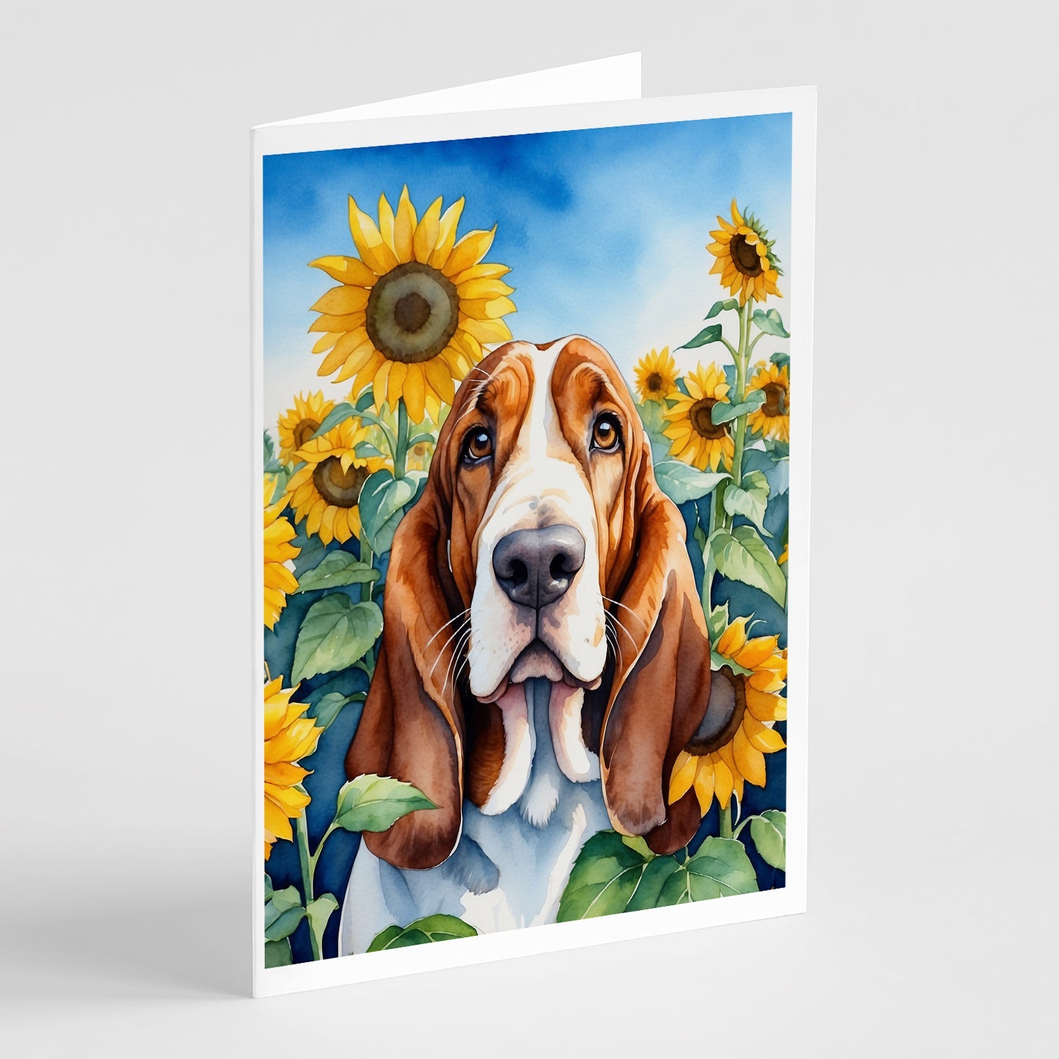 Basset Hound in Sunflowers Greeting Cards Pack of 8 Blank Cards with Envelopes Whimsical A7 Size 5x7
