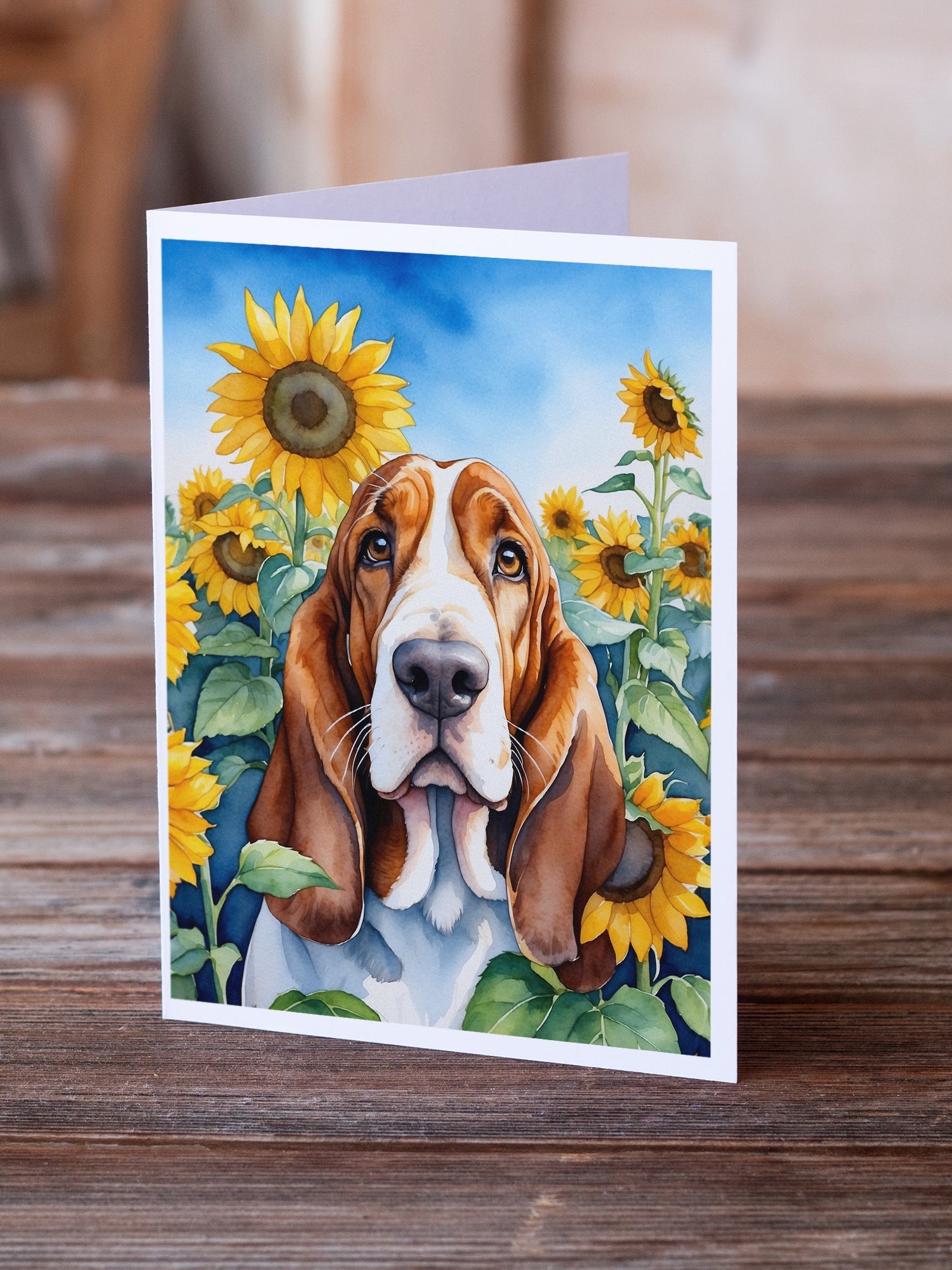 Basset Hound in Sunflowers Greeting Cards Pack of 8 Blank Cards with Envelopes Whimsical A7 Size 5x7