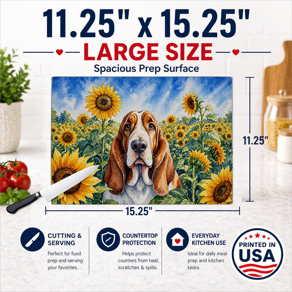 Basset Hound in Sunflowers Cutting Board Tempered Glass Kitchen Cutting Surface, Heat Resistant Chopping Board with Non-Slip Feet, Decorative Food Prep & Serving