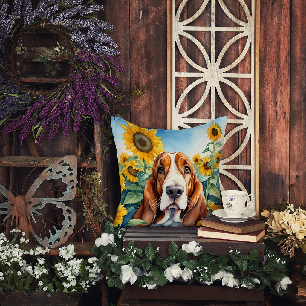 Basset Hound in Sunflowers Decorative Throw Pillow 14x14 Indoor Outdoor Accent Cushion, Fabric Cover with Insert for Sofa, Bed, Porch & Living Room