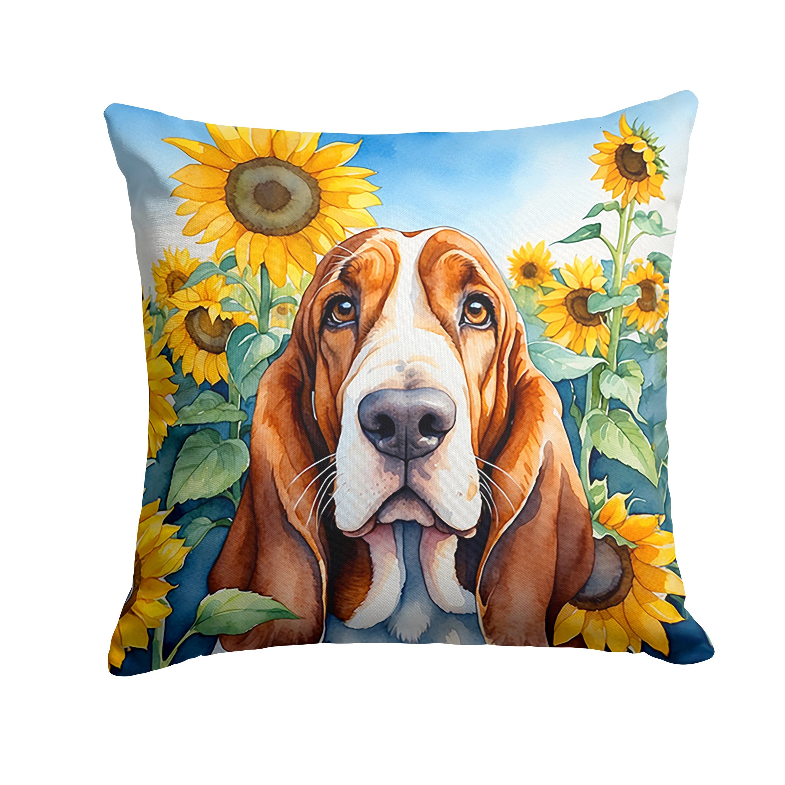 Basset Hound in Sunflowers Decorative Throw Pillow 18x18 Indoor Outdoor Accent Cushion, Fabric Cover with Insert for Sofa, Bed, Porch & Living Room