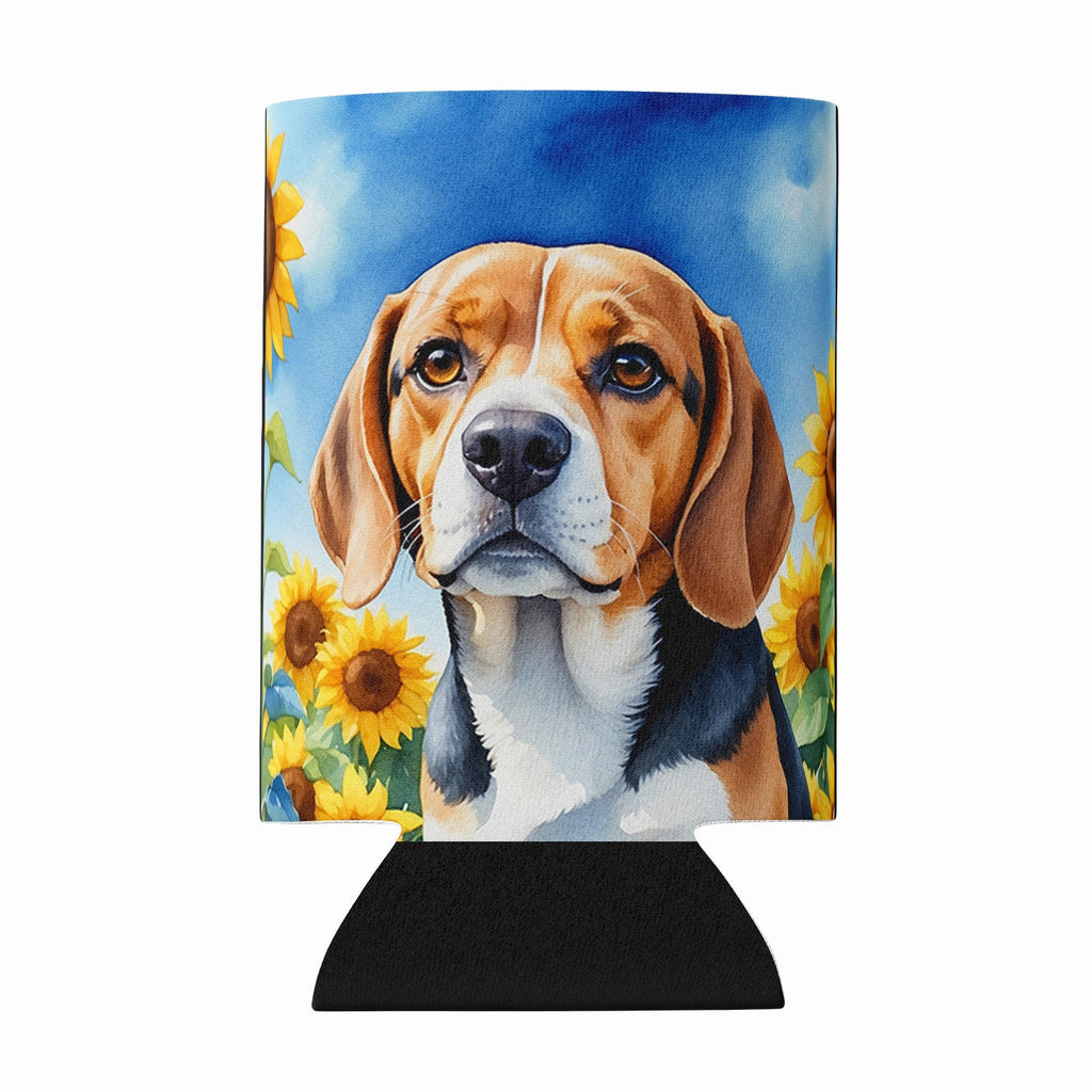 Beagle in Sunflowers Can or Bottle Hugger Cooler Sleeve for Standard 12 oz Cans, Insulated Foam Beer & Soda Can Hugger Reusable