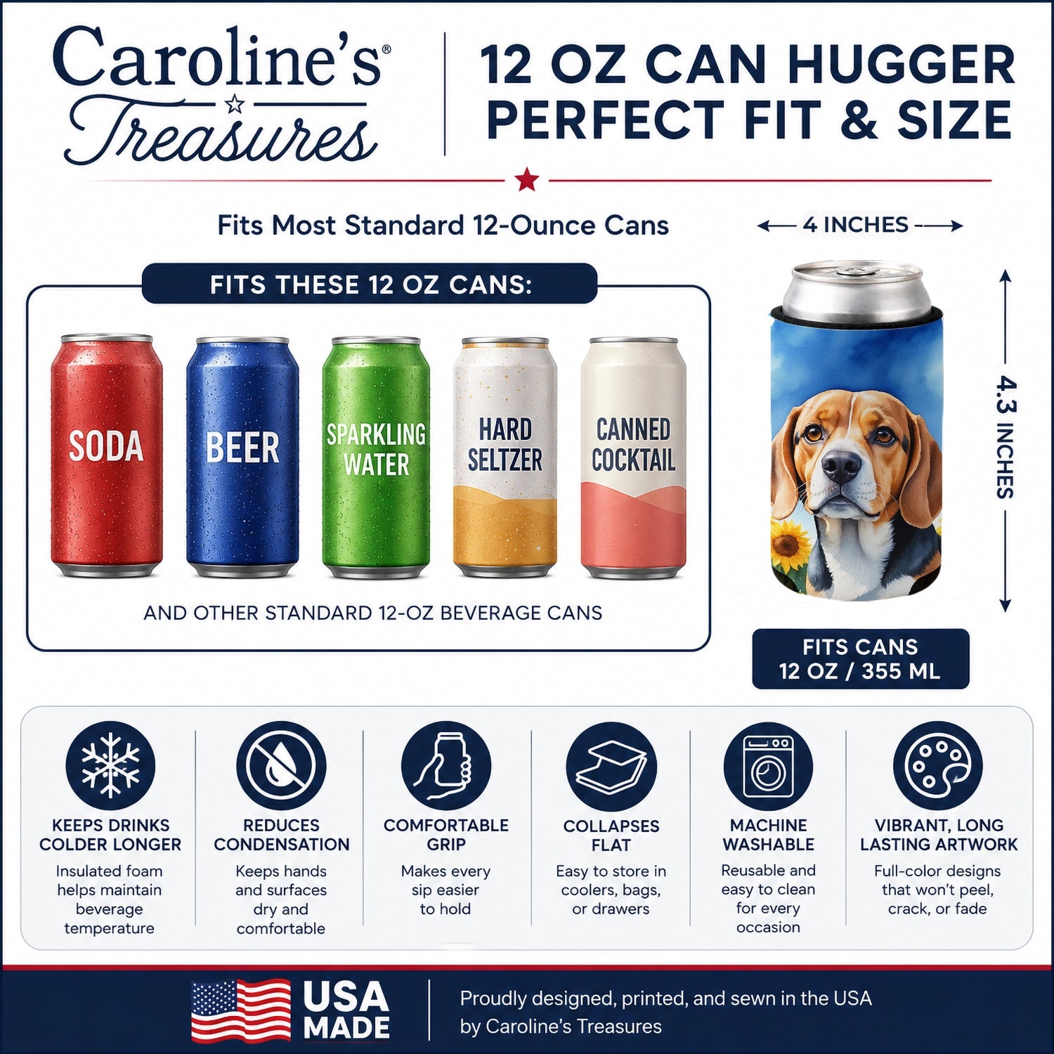 Beagle in Sunflowers Can or Bottle Hugger Cooler Sleeve for Standard 12 oz Cans, Insulated Foam Beer & Soda Can Hugger Reusable