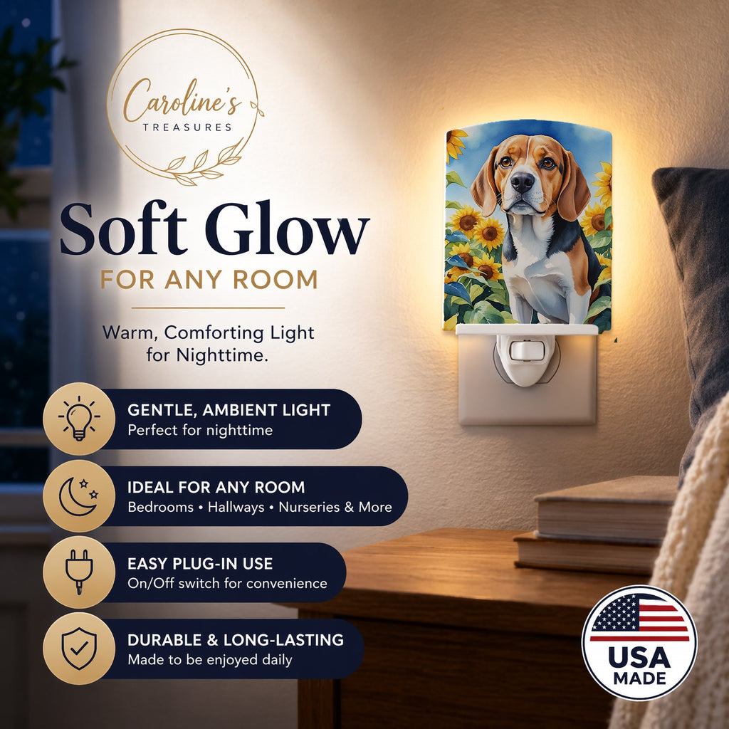 Beagle in Sunflowers Ceramic Night Light Compact, UL-Certified, Ideal for Bedroom, Bathroom, Nursery, Hallway, Kitchen, 6x4x3, Multicolor