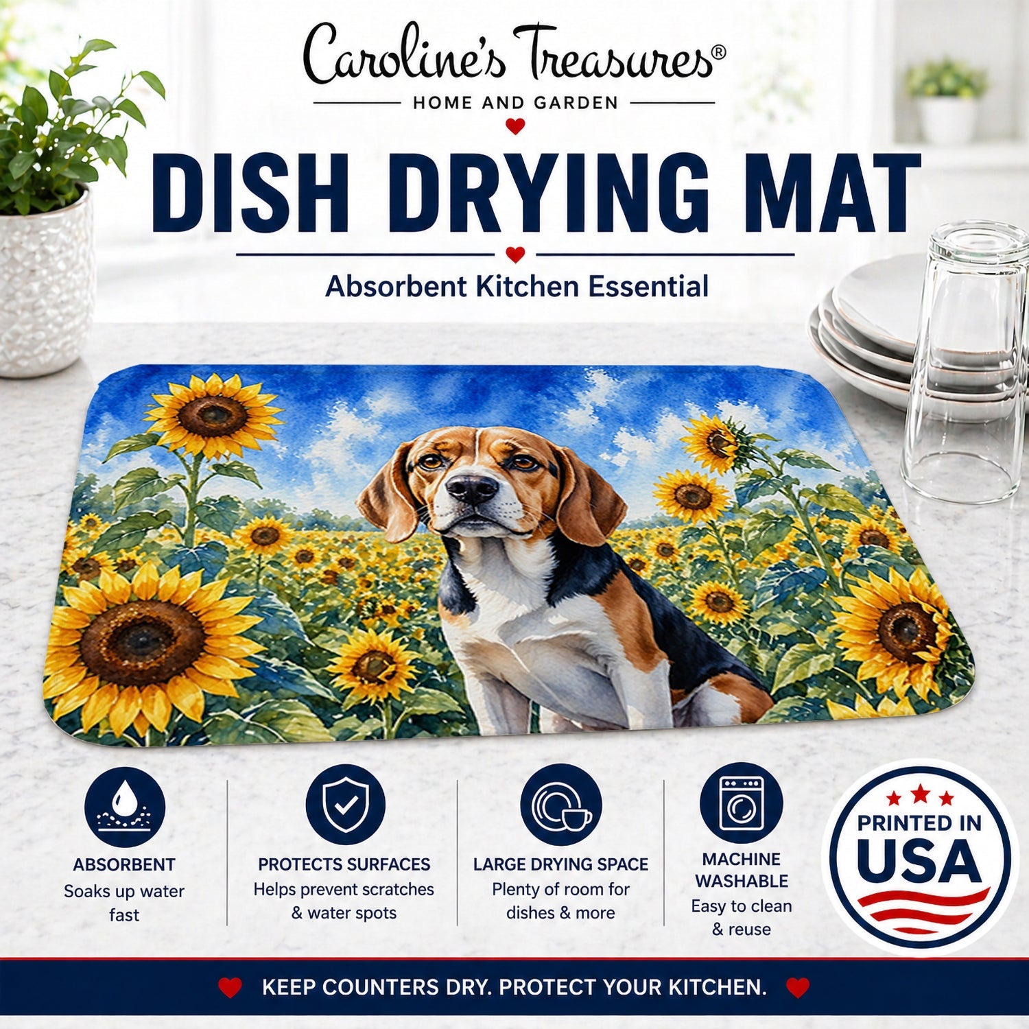 Beagle in Sunflowers Dish Drying Mat Absorbent Dish Drying Mat Pad for Kitchen Counter Dish Drainer Mat for Countertop, 14 x 21", Multicolor