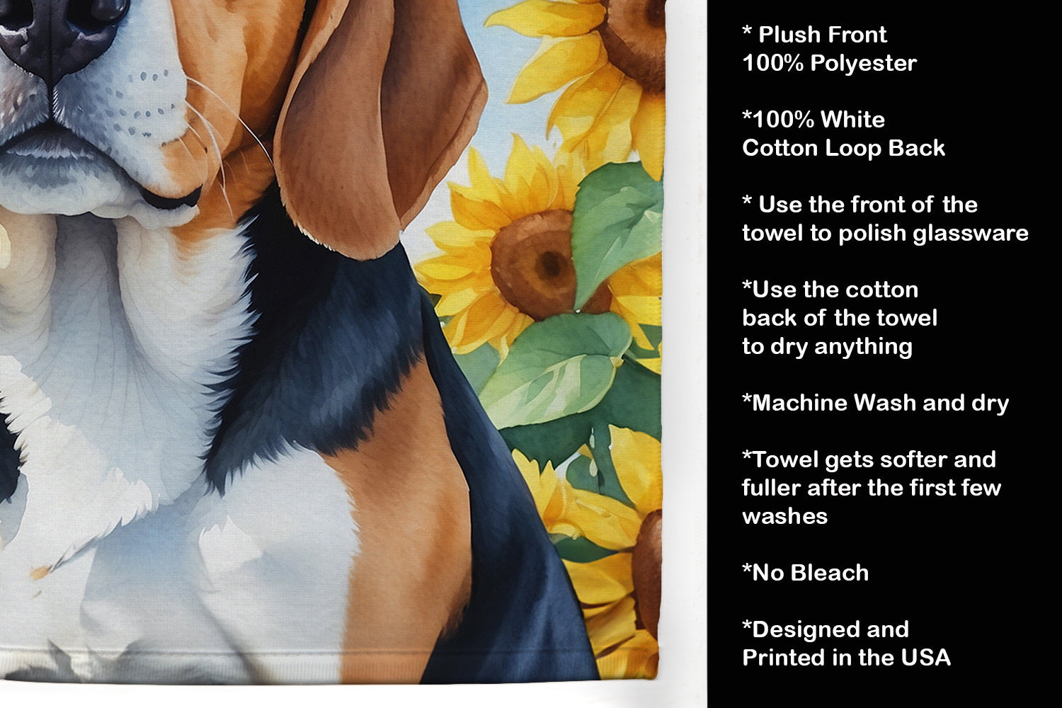 Beagle in Sunflowers Kitchen Towel Velour Plush Front and Cotton Loop Back Machine Washable