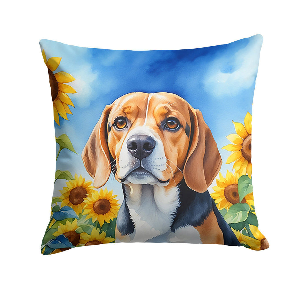Beagle in Sunflowers Decorative Throw Pillow 14x14 Indoor Outdoor Accent Cushion, Fabric Cover with Insert for Sofa, Bed, Porch & Living Room