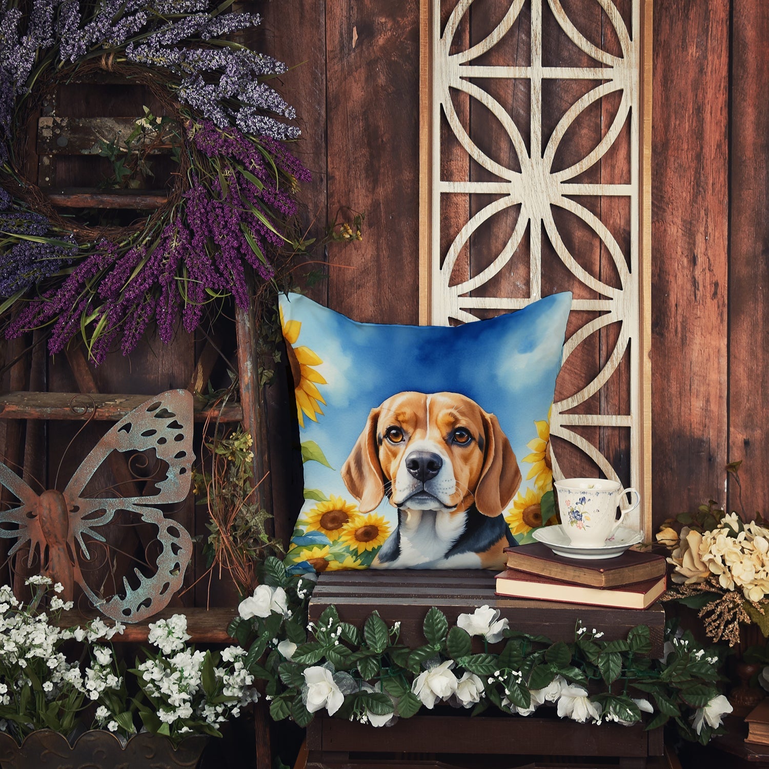 Beagle in Sunflowers Decorative Throw Pillow 14x14 Indoor Outdoor Accent Cushion, Fabric Cover with Insert for Sofa, Bed, Porch & Living Room