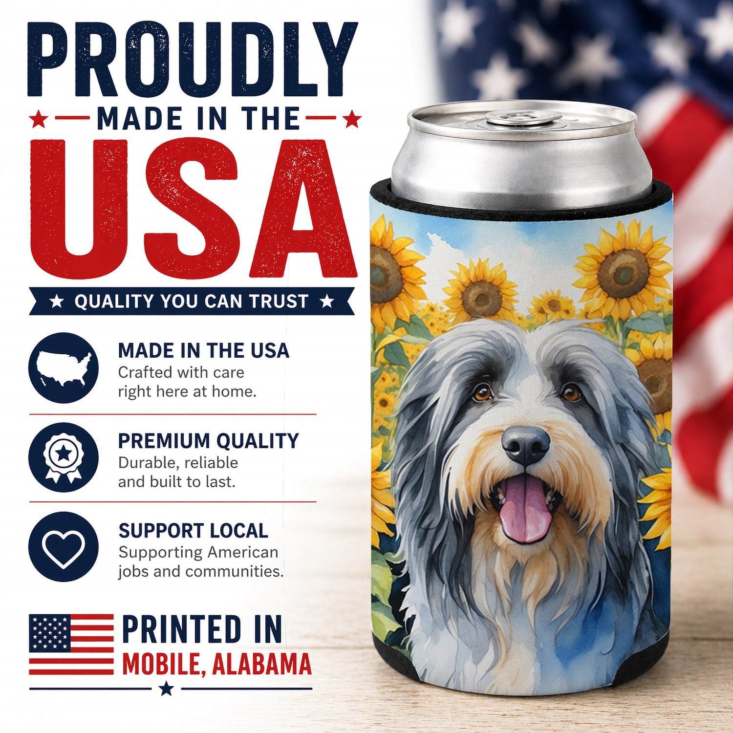 Bearded Collie in Sunflowers Can or Bottle Hugger Cooler Sleeve for Standard 12 oz Cans, Insulated Foam Beer & Soda Can Hugger Reusable