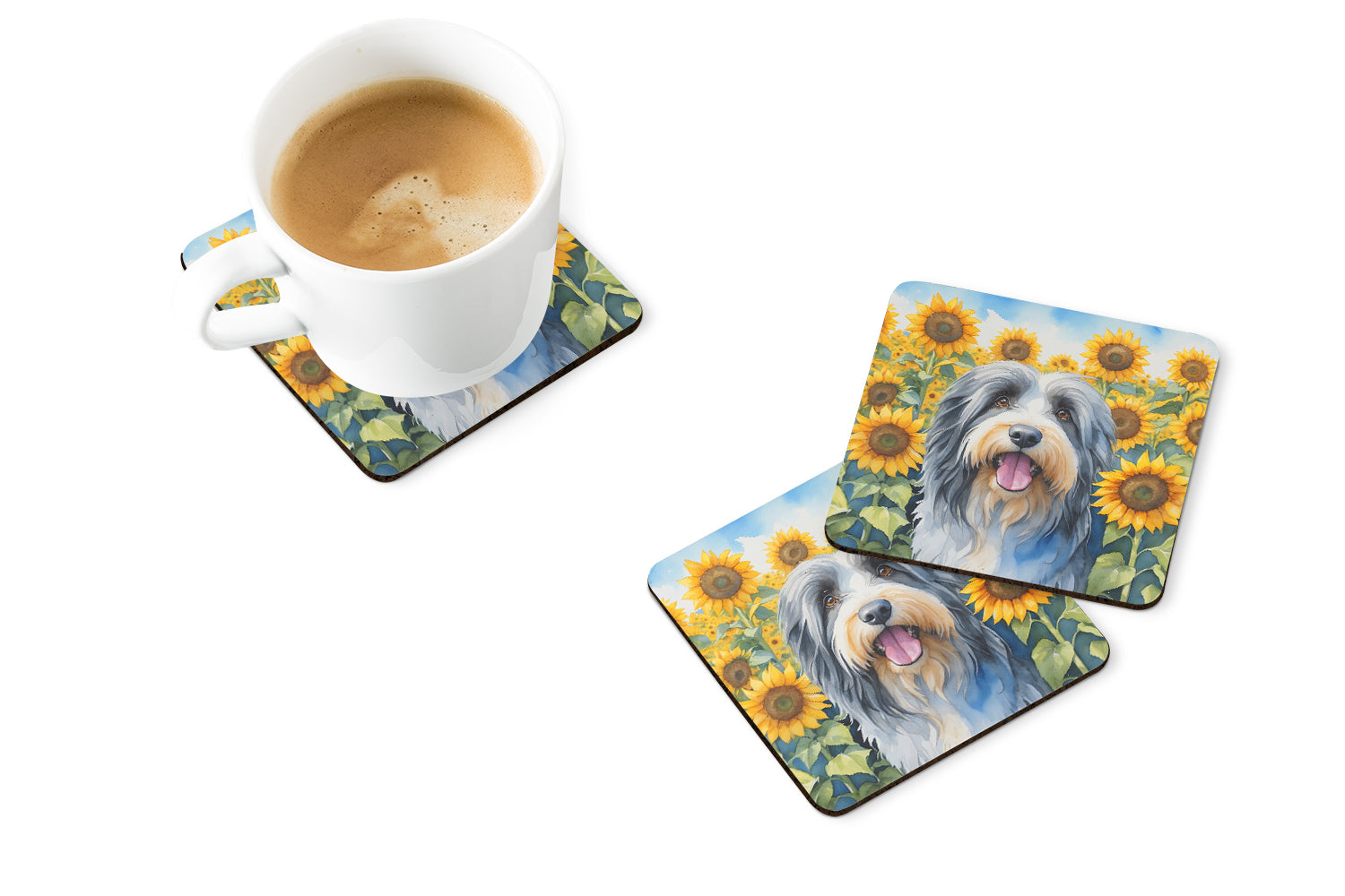 Bearded Collie in Sunflowers Foam Coasters Set of 4 Cup Coasters for Indoor Outdoor, Tabletop Protection, Anti Slip, Mouse pad Material