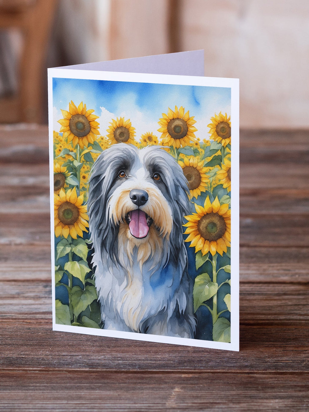 Bearded Collie in Sunflowers Greeting Cards Pack of 8 Blank Cards with Envelopes Whimsical A7 Size 5x7