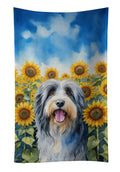 Bearded Collie in Sunflowers Kitchen Towel Velour Plush Front and Cotton Loop Back Machine Washable
