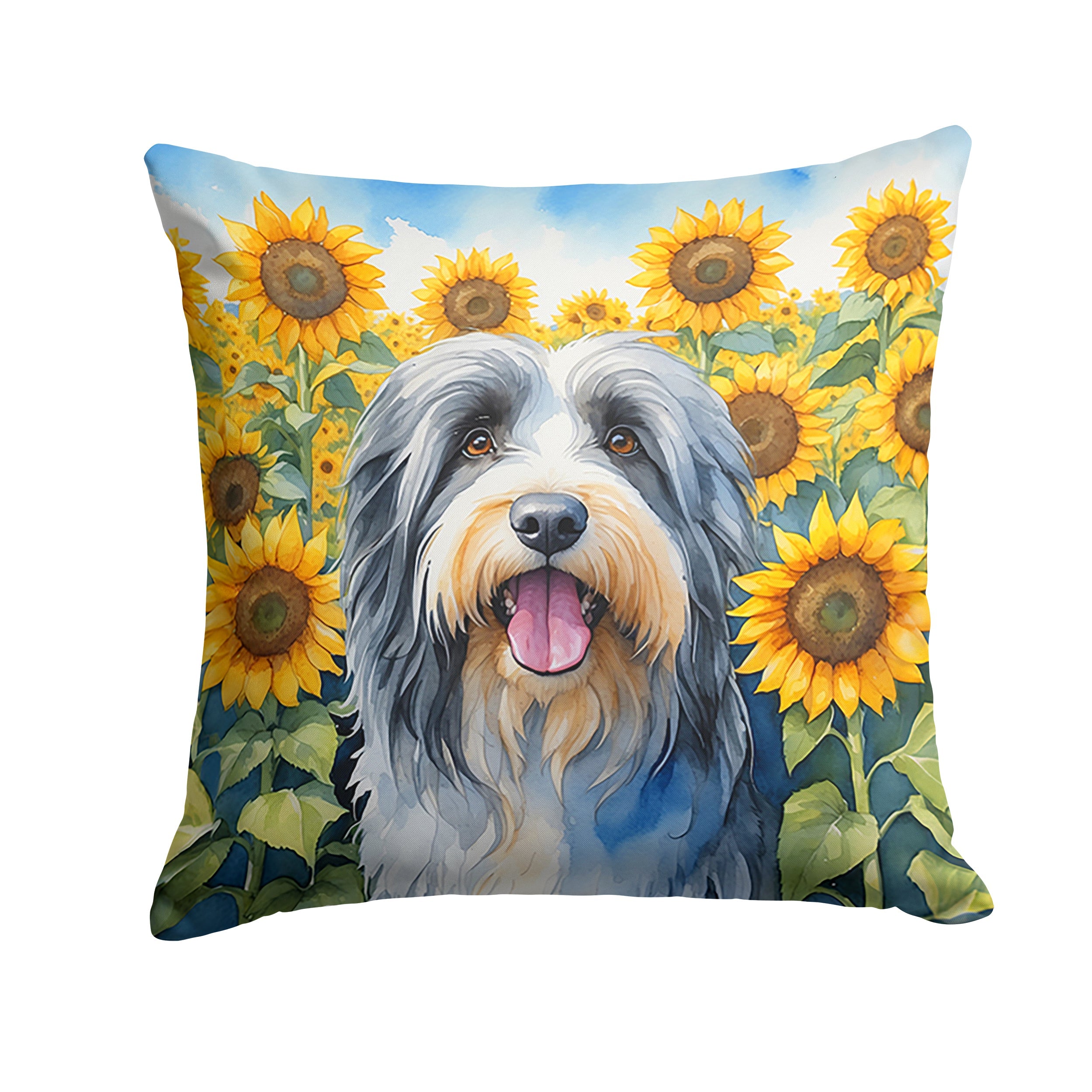 Bearded Collie in Sunflowers Decorative Throw Pillow 14x14 Indoor Outdoor Accent Cushion, Fabric Cover with Insert for Sofa, Bed, Porch & Living Room