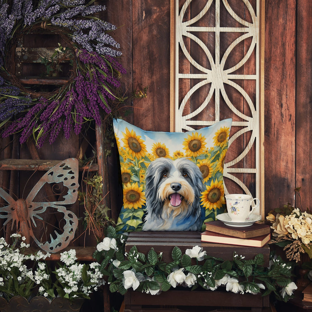 Bearded Collie in Sunflowers Decorative Throw Pillow 14x14 Indoor Outdoor Accent Cushion, Fabric Cover with Insert for Sofa, Bed, Porch & Living Room