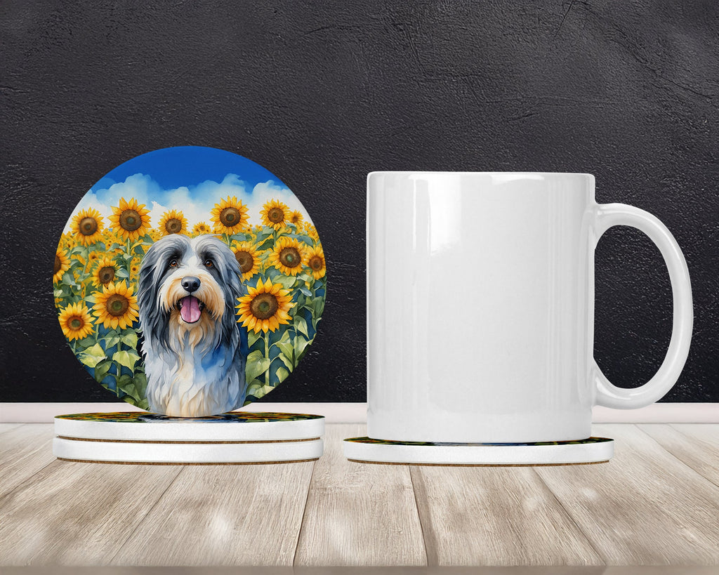 Bearded Collie in Sunflowers Large Sandstone Coasters Pack of 4 Absorbent Round Coasters Decor Gifts for Men or Women, 4 in, Multicolor
