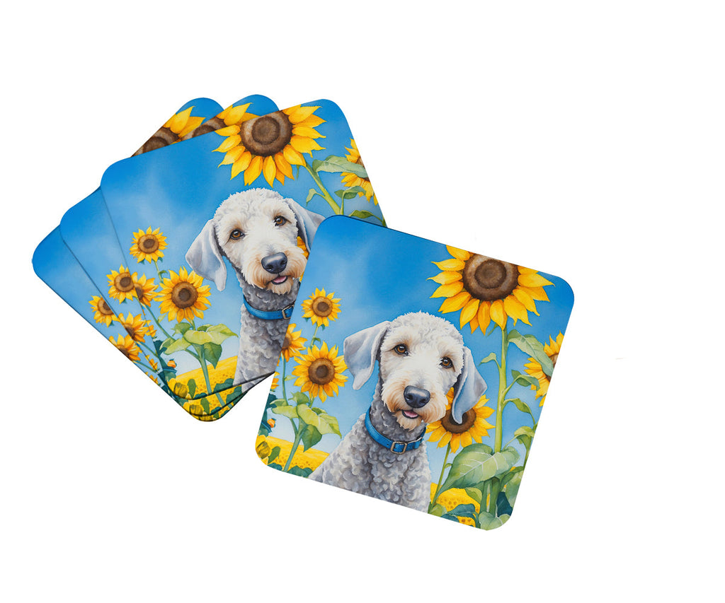 Bedlington Terrier in Sunflowers Foam Coasters Set of 4 Cup Coasters for Indoor Outdoor, Tabletop Protection, Anti Slip, Mouse pad Material
