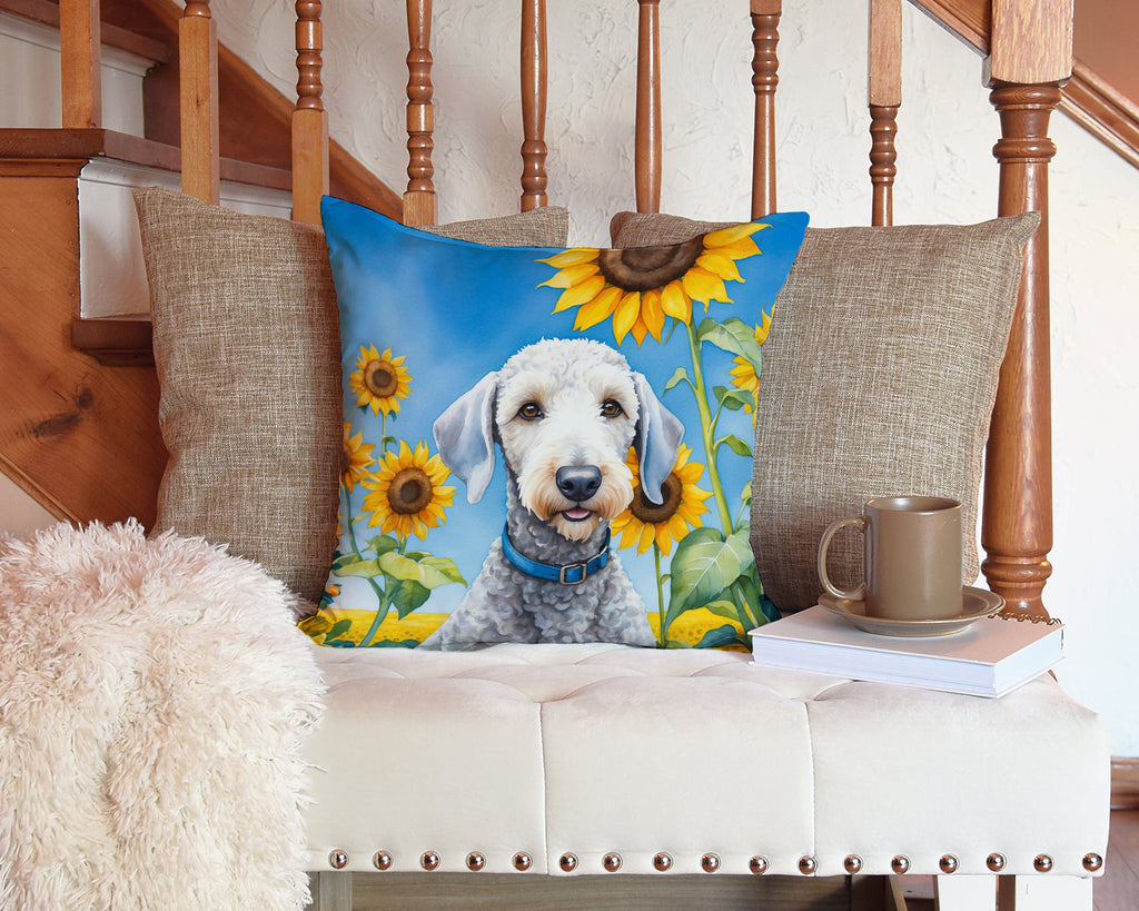 Bedlington Terrier in Sunflowers Decorative Throw Pillow 14x14 Indoor Outdoor Accent Cushion, Fabric Cover with Insert for Sofa, Bed, Porch & Living Room