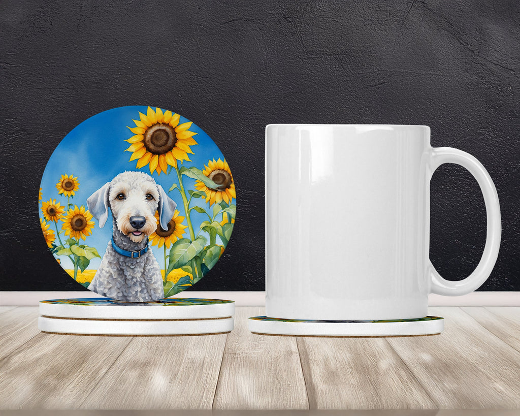 Bedlington Terrier in Sunflowers Large Sandstone Coasters Pack of 4 Absorbent Round Coasters Decor Gifts for Men or Women, 4 in, Multicolor