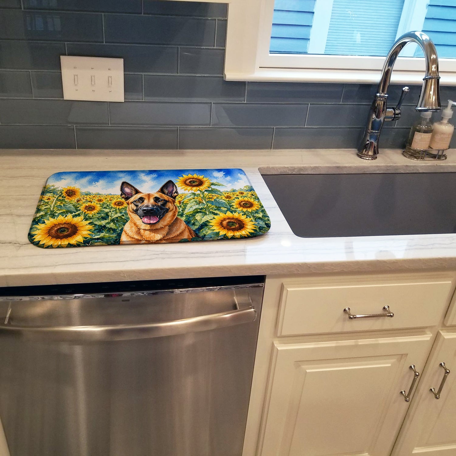 Belgian Malinois in Sunflowers Dish Drying Mat Absorbent Dish Drying Mat Pad for Kitchen Counter Dish Drainer Mat for Countertop, 14 x 21", Multicolor