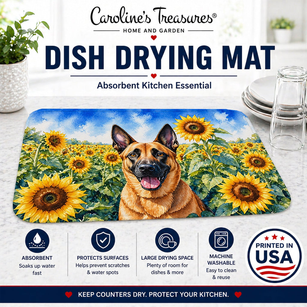 Belgian Malinois in Sunflowers Dish Drying Mat Absorbent Dish Drying Mat Pad for Kitchen Counter Dish Drainer Mat for Countertop, 14 x 21", Multicolor