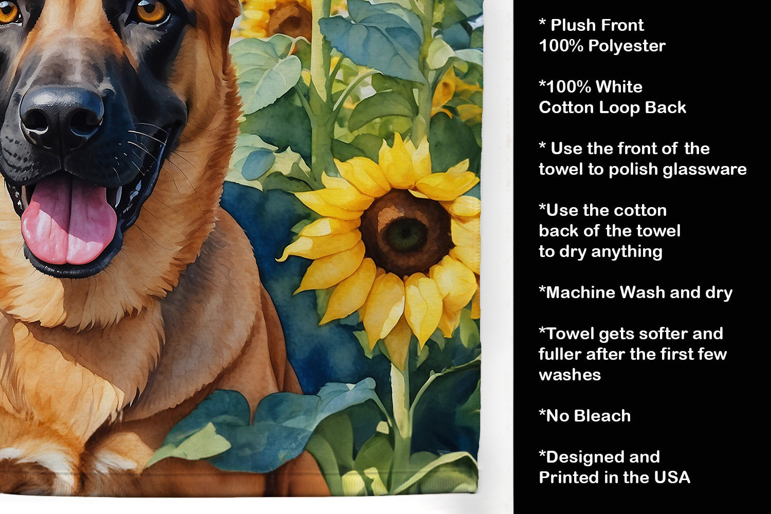 Belgian Malinois in Sunflowers Kitchen Towel Velour Plush Front and Cotton Loop Back Machine Washable