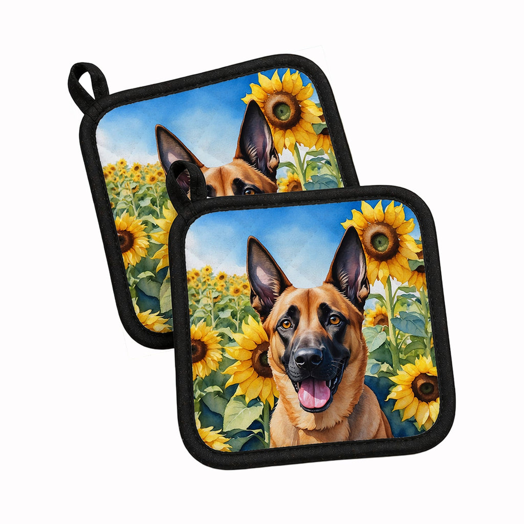 Belgian Malinois in Sunflowers Pot Holder Set of 2 Heat Resistant Quilted Hot Pads 7.5 x 7.5 Inch, Insulated Kitchen Trivets for Cooking & Baking