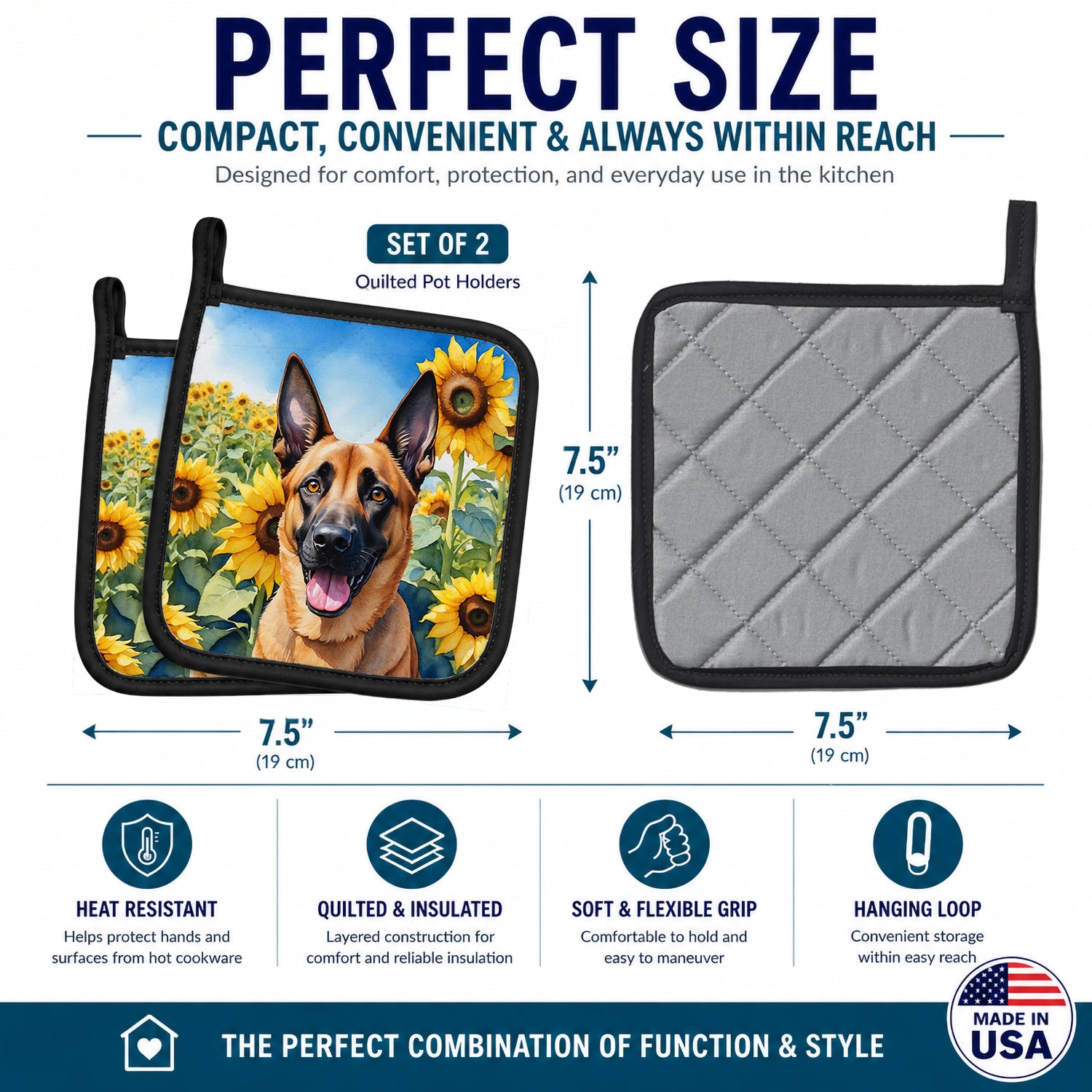 Belgian Malinois in Sunflowers Pot Holder Set of 2 Heat Resistant Quilted Hot Pads 7.5 x 7.5 Inch, Insulated Kitchen Trivets for Cooking & Baking