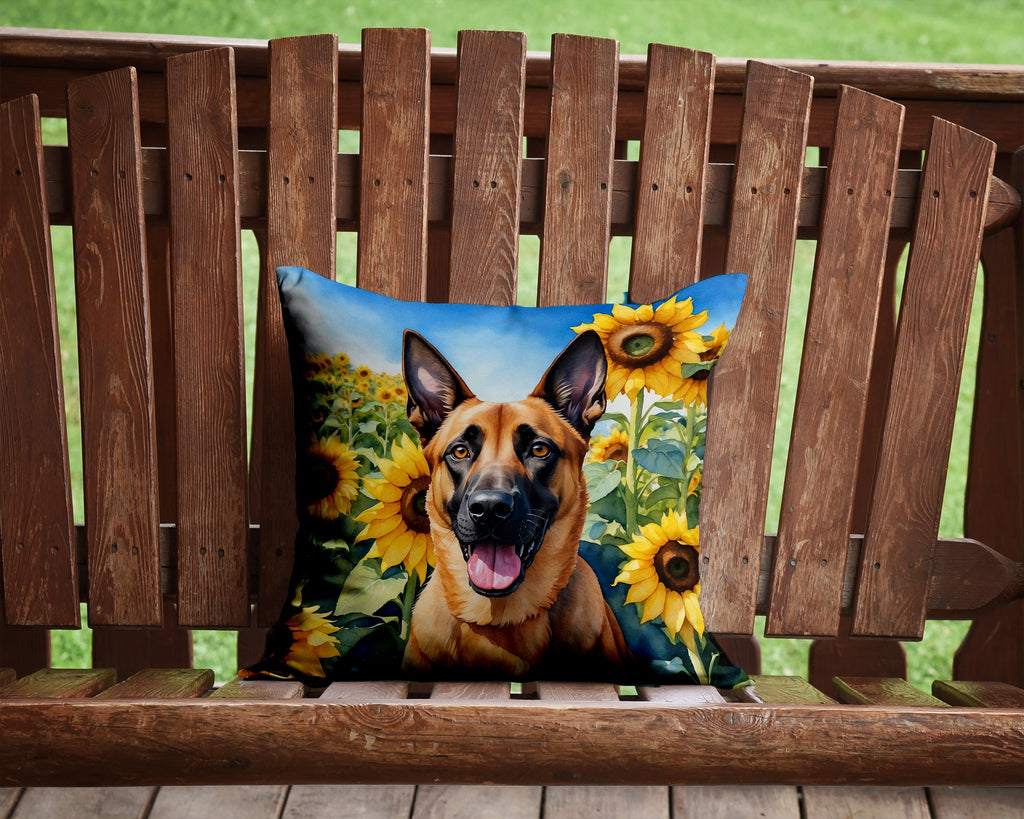 Belgian Malinois in Sunflowers Decorative Throw Pillow 14x14 Indoor Outdoor Accent Cushion, Fabric Cover with Insert for Sofa, Bed, Porch & Living Room