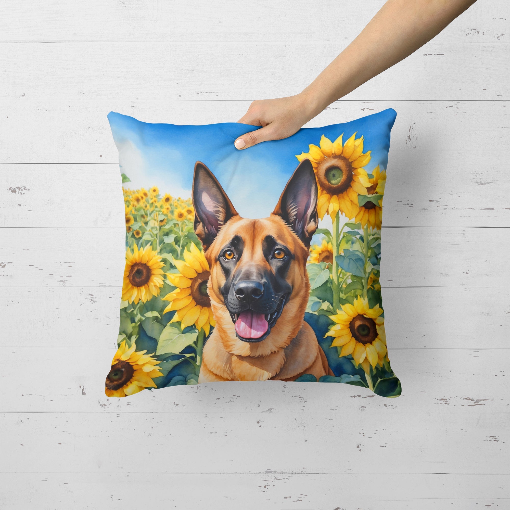 Belgian Malinois in Sunflowers Decorative Throw Pillow 18x18 Indoor Outdoor Accent Cushion, Fabric Cover with Insert for Sofa, Bed, Porch & Living Room