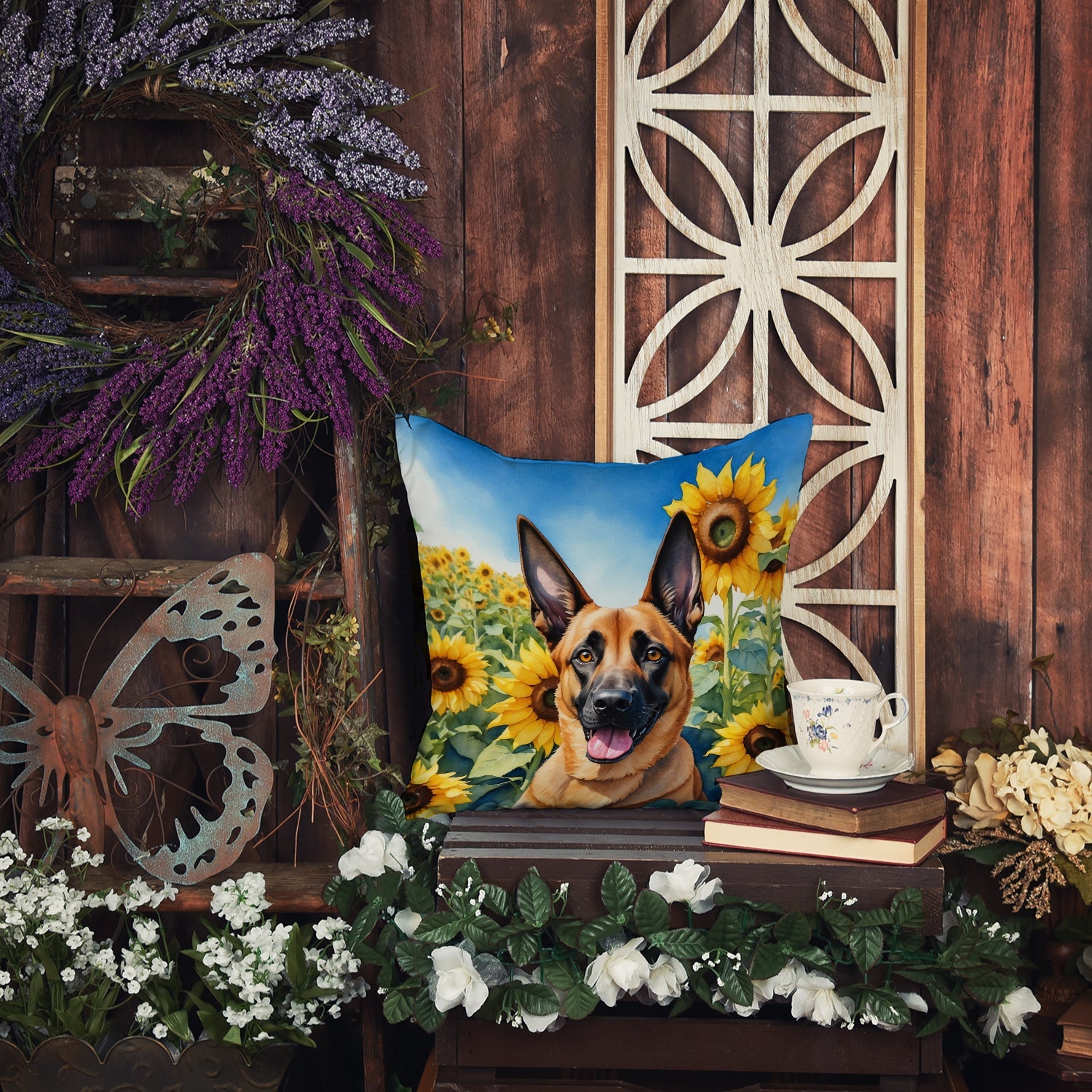 Belgian Malinois in Sunflowers Decorative Throw Pillow 18x18 Indoor Outdoor Accent Cushion, Fabric Cover with Insert for Sofa, Bed, Porch & Living Room