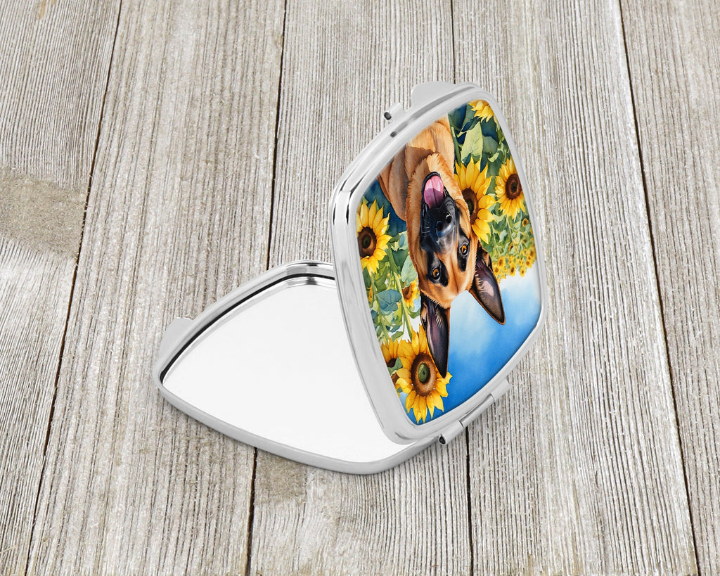 Belgian Malinois in Sunflowers Compact Mirror Decorative Travel Makeup Mirror for Women Girls Gifts Pocket Makeup Mirror Folding Handheld