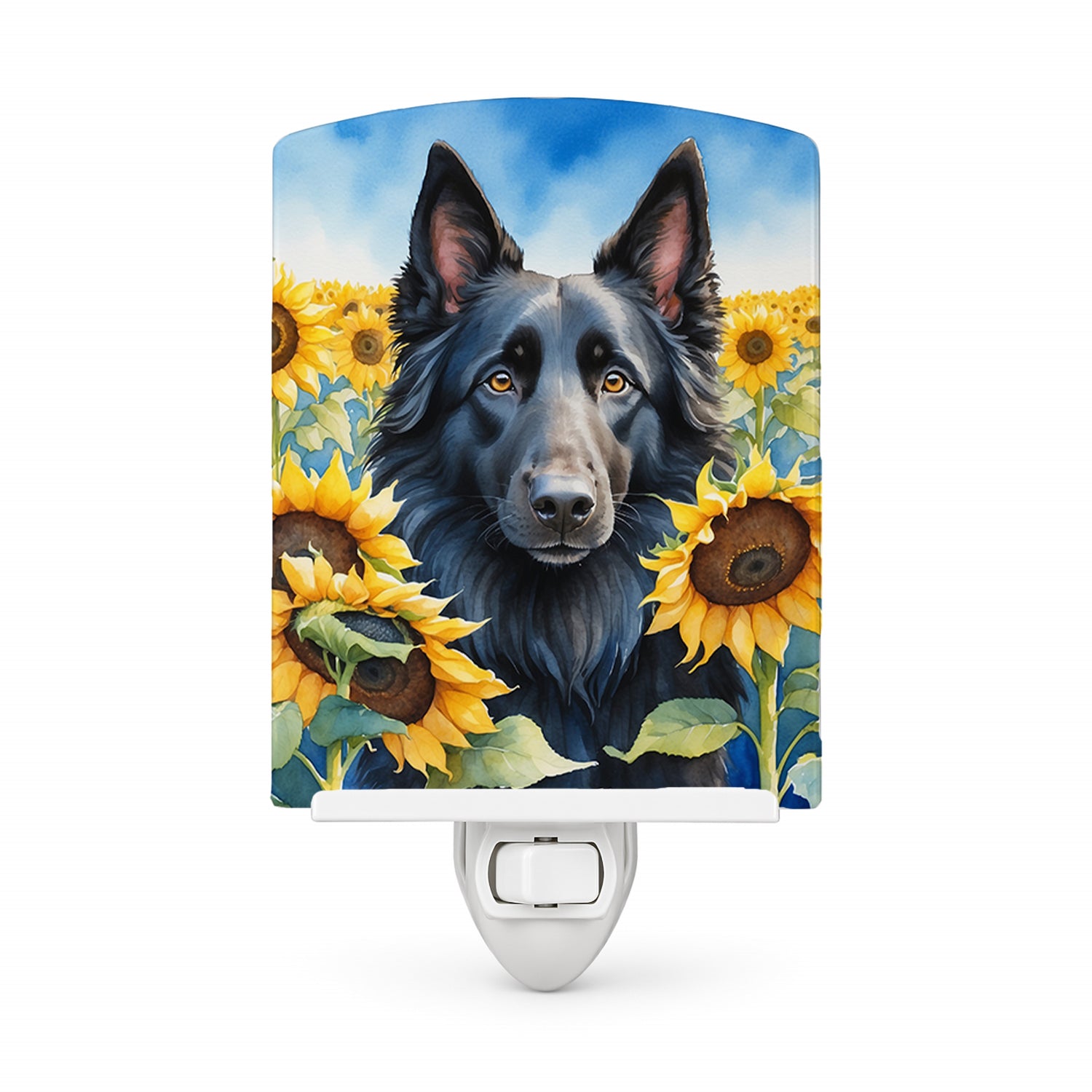 Belgian Sheepdog in Sunflowers Ceramic Night Light Compact, UL-Certified, Ideal for Bedroom, Bathroom, Nursery, Hallway, Kitchen, 6x4x3, Multicolor