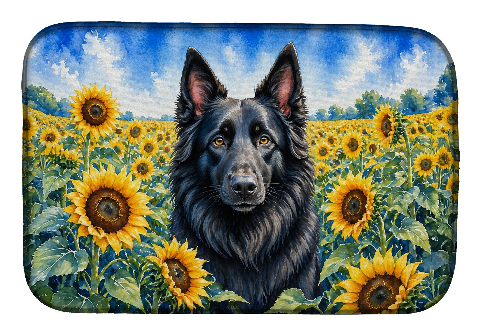 Belgian Sheepdog in Sunflowers Dish Drying Mat Absorbent Dish Drying Mat Pad for Kitchen Counter Dish Drainer Mat for Countertop, 14 x 21", Multicolor