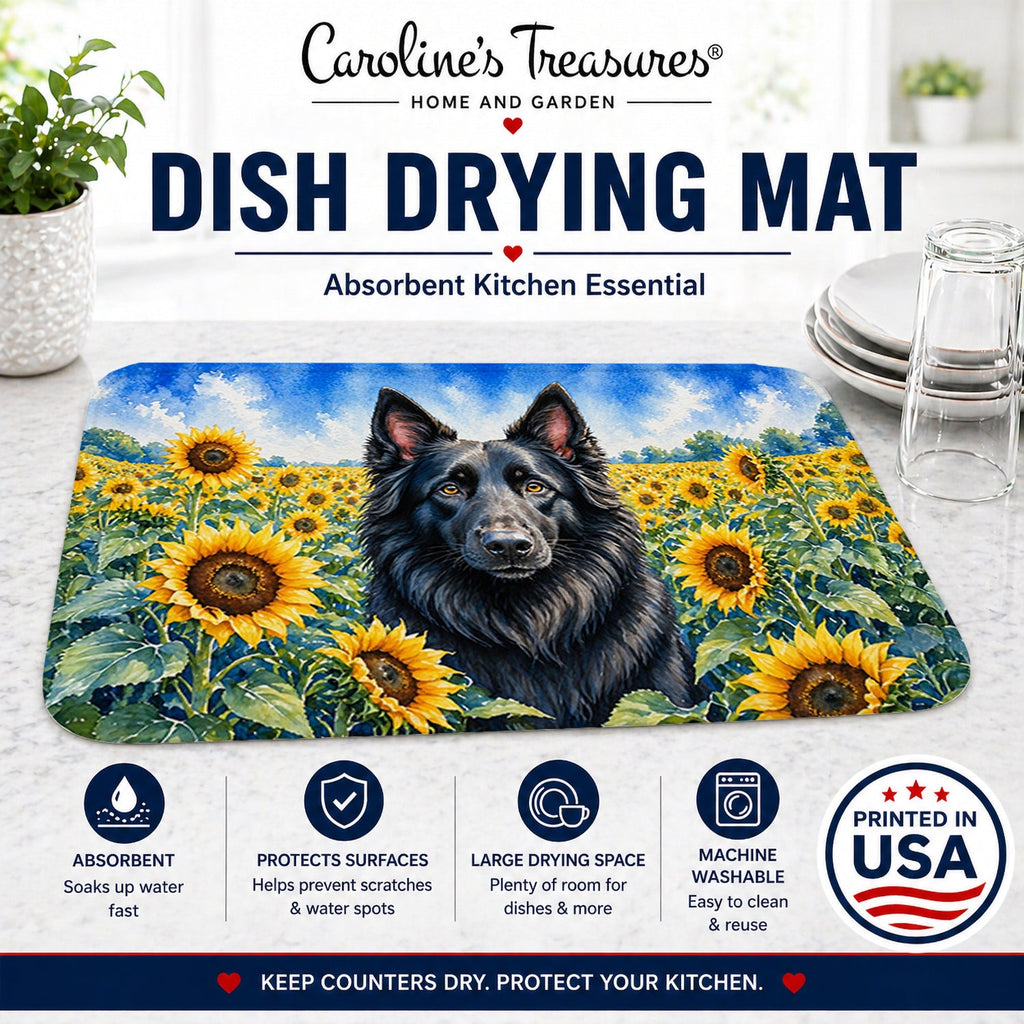 Belgian Sheepdog in Sunflowers Dish Drying Mat Absorbent Dish Drying Mat Pad for Kitchen Counter Dish Drainer Mat for Countertop, 14 x 21", Multicolor