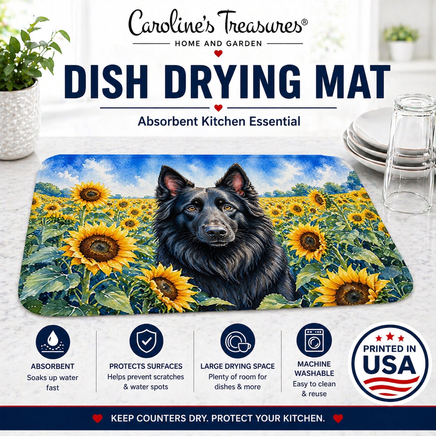 Belgian Sheepdog in Sunflowers Dish Drying Mat Absorbent Dish Drying Mat Pad for Kitchen Counter Dish Drainer Mat for Countertop, 14 x 21", Multicolor